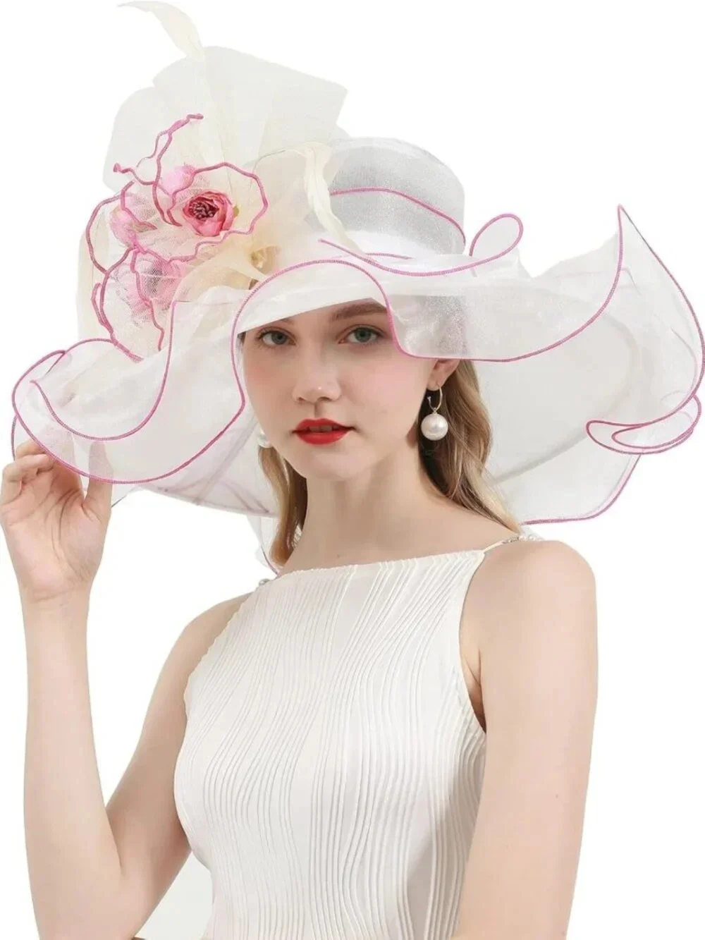 Elegant Wide Brim Women's Church Hat with Leaf & Flower for Derby & Bridal